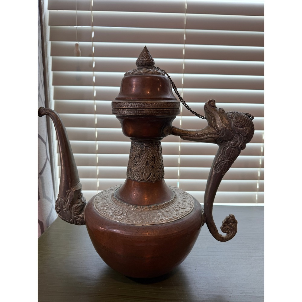 Vtg  Ornate Copper‎ Teapot Pitcher with Dragon Spout Decorative Vessel